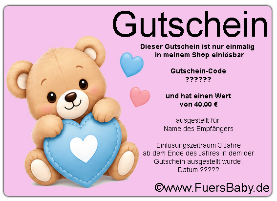 Persönlich gestalteter 40-Euro-Geschenkgutschein von FuersBaby.de mit süßem Teddy, blauem Herz und rosa Hintergrund