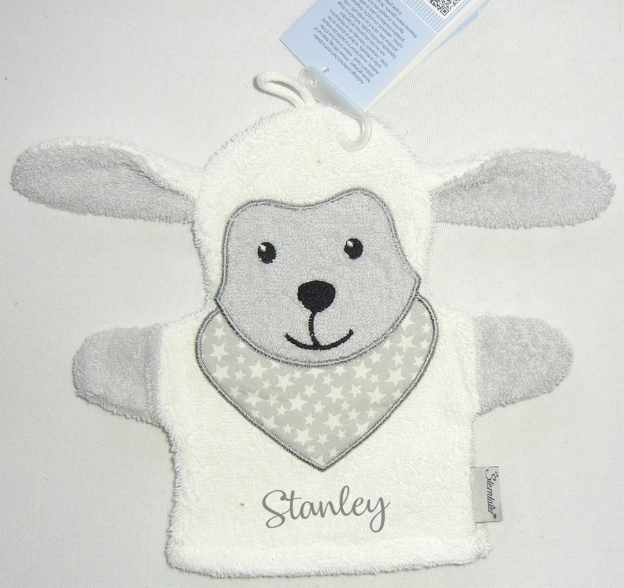 Schaf Stanley mit Name Sterntaler Waschhandschuh