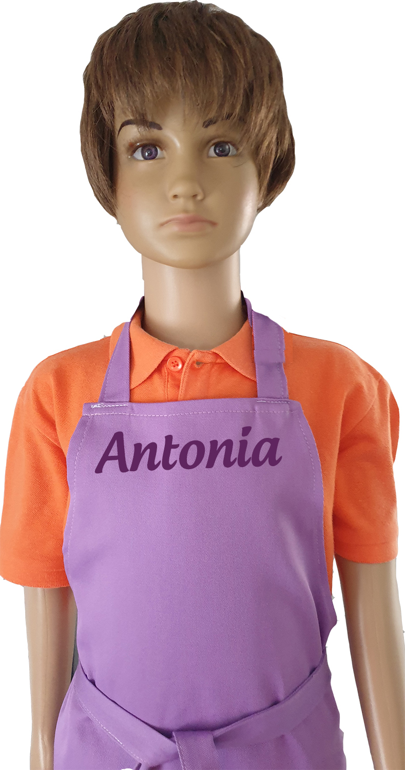 Schuerze lila mit Name Antonia in Wunschschrift