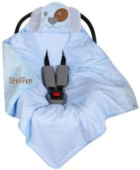 Babydecke kuschlig weich in hellblau mit Gesicht eines Hundes, personalisiert auf der linken Seite