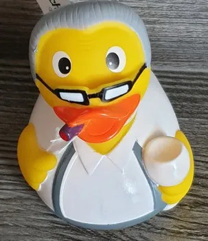 Quietscheente Chef mit Krawatte Brille und Kaffeetasse