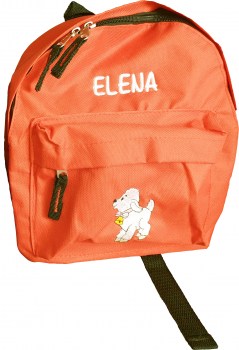 Kinderrucksack orange mit Laemmchen und Name bestickt