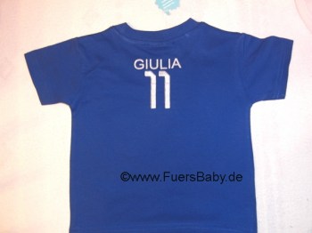 Blaues Trikot fuer die Kleinsten. Personalisiertes Italienshirt mit Namen und Rueckennummer