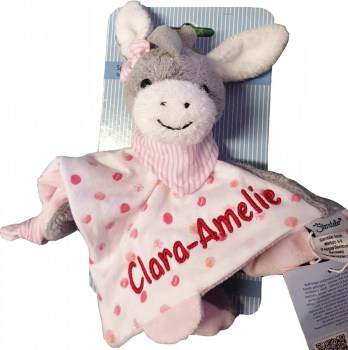 Esel Emmi Girl von Sterntaler mit Namen in rot bestickt, Schmusetuch rosa weiss mit Punkten