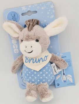 Einschlafhilfe Spieluhr Sterntaler mit der Melodie LaLeLu Esel Emmi personalisiert mit einem Halstuch und Namen in blau-grau bestickt