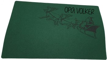 Dunkelgrünes Weihnachts-Platzdeckchen aus Filz mit dezent eingeprägtem Rentierschlitten und Weihnachtsmann