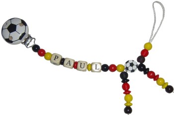 Fußball-Schnullerkette mit Namen in Schwarz-Rot-Gold und Fußballmotiv
