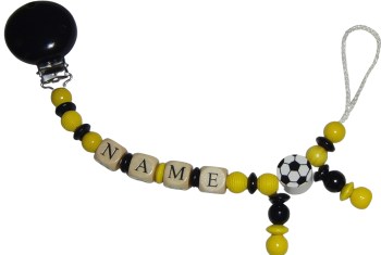 Fußball-Schnullerkette mit Namen in Vereinsfarben und Fußballmotiv