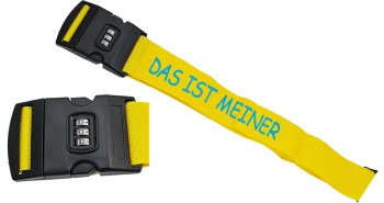 gelbes Gepäckband mit Zahlenschloss und Wunschtext bestickt