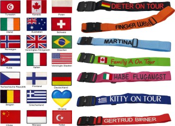 Auswahl von verschiedene Landesflaggen auf Kofferbändern