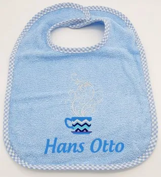 Laetzchen gross hellblau mit Name und Kaffeetasse