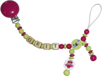 Schnullerkette mit Namen und 2 Kettchen für Mädchen in pink- lemon mit Eule