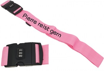 rosa Koffergurt mit Zahlenschloss und Wunschtext bestickt