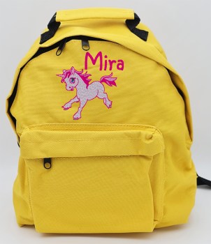 Kinderrucksack gelb bestickt mit einem Einhorn und dem Namen
