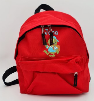 Kinderrucksack rot mit Monster und Name bestickt