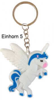 Schlüsselanhänger Einhorn in weiss mit blauer Mähne und Flügeln
