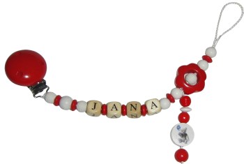 Schnullerkette Mädchen mit Namen in rot mit Blume