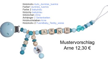 Schnullerkette Jungen mit 2 kleinen Kettchen und Namen in hellblau- türkis