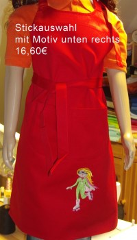 Kinderschuerze rot mit Rollschuh- Mädchen bestickt