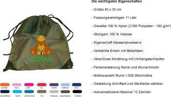 Personalisierter olivgrüner Turnbeutel mit Bärenmotiv und Namensstickerei, Farbauswahl mit 14 Farben und Übersicht der wichtigsten Produkteigenschaften