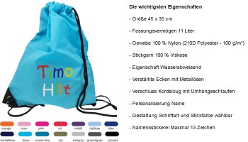 Türkiser Turnbeutel mit mehrfarbiger Namensstickerei Timo Hilt, Übersicht der 14 verfügbaren Farben und wichtigsten Produkteigenschaften
