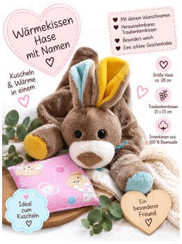Wärmekissen Hase mit Namen für Kinder mit herausnehmbarem Traubenkernkissen