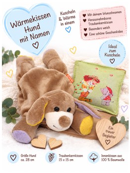 Wärmekissen Hund mit Namen für Kinder mit herausnehmbarem Traubenkernkissen