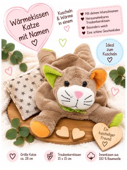 Wärmekissen Katze mit Namen für Kinder mit herausnehmbarem Traubenkernkissen