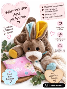 Wärmekissen Hase mit Namen für Kinder mit herausnehmbarem Traubenkernkissen
