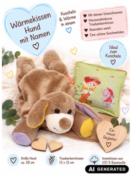 Wärmekissen Hund mit Namen für Kinder mit herausnehmbarem Traubenkernkissen
