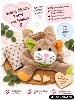 Wärmekissen Katze mit Namen für Kinder mit herausnehmbarem Traubenkernkissen