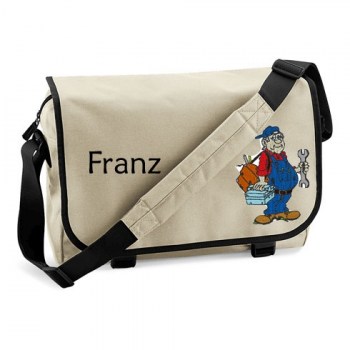 Wickeltasche beige mit Name bestickt und Motiv Handwerker