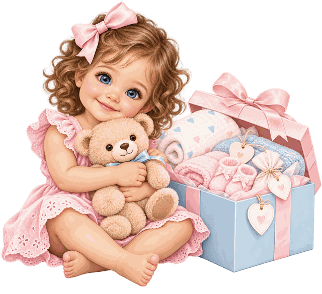 Kind mit Teddy und einer mit Geschenken gefüllten Wunschbox