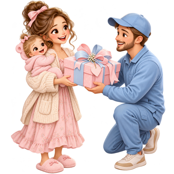 Eine Mama mit Baby erhält ein liebevoll verpacktes Geschenk.